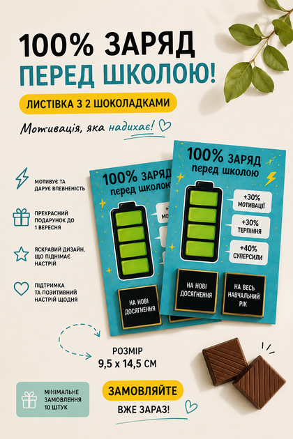 Открытка с шоколадом на 1 сентября 100% заряд перед школой (черный шоколад) - Фото 1 Открытка с шоколадом на 1 сентября 100% заряд перед школой (черный шоколад) - изображение 1