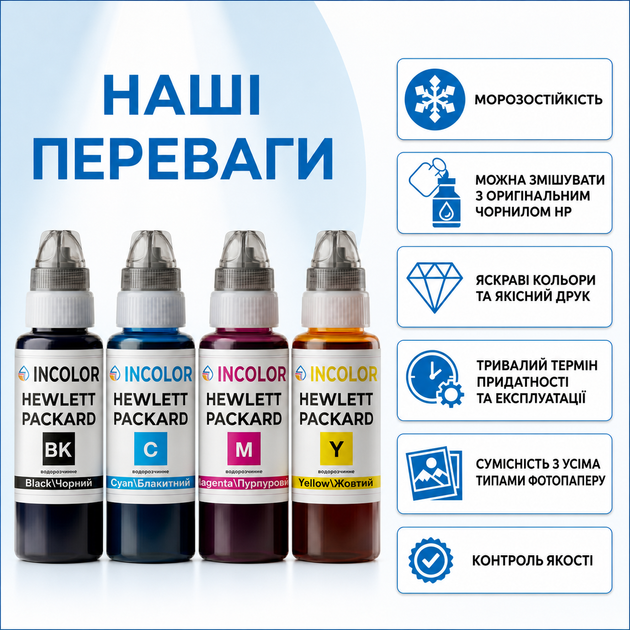 Чернила INCOLOR для Hewlett Packard HP Color Copier 290, комплект 4×100 мл (BK/C/M/Y), 400 мл - изображение 4