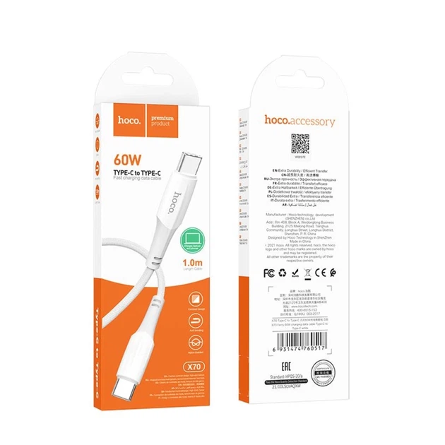 Кабель Hoco X70 USB C до USB C PD 3A 60W 1 м White (6931474760517) - Фото 4 Кабель Hoco X70 USB C до USB C PD 3A 60W 1 м White (6931474760517) - зображення 4
