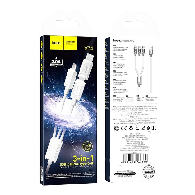 Кабель Hoco X74 3в1 USB A до Lightning/Micro USB/USB C 2A 1 м White (6931474767370) - Фото 5 Кабель Hoco X74 3в1 USB A до Lightning/Micro USB/USB C 2A 1 м White (6931474767370) - зображення 5