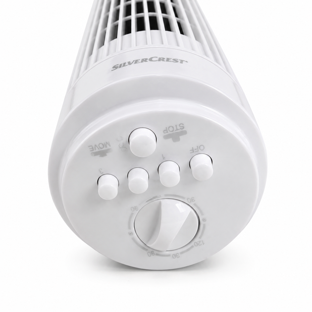 Вентилятор колонный SilverCrest Turmventilator, 75 Вт, 3 скорости, белый - работает, повреждена основа - Фото 2 Вентилятор колонный SilverCrest Turmventilator, 75 Вт, 3 скорости, белый - работает, повреждена основа - изображение 2
