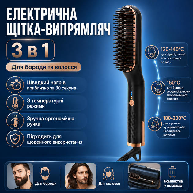 Електрична щітка-випрямляч UKLISS для бороди та волосся 3 в 1 - зображення 6