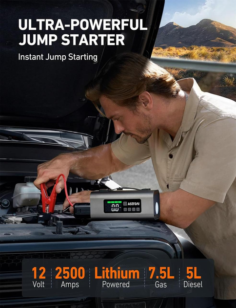 Пусковое устройство AstroAI MF159 2500A для авто бустер Jump Starter 12V компрессор 150 PSI бензин до 7.5 л дизель до 5 л - изображение 2