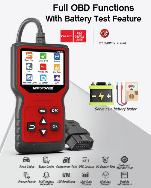 Автосканер MOTOPOWER MP69033 Pro OBD2 с тестером аккумулятора 12 В, TFT 2,8″, Live Data, проверка генератора, красный - изображение 4