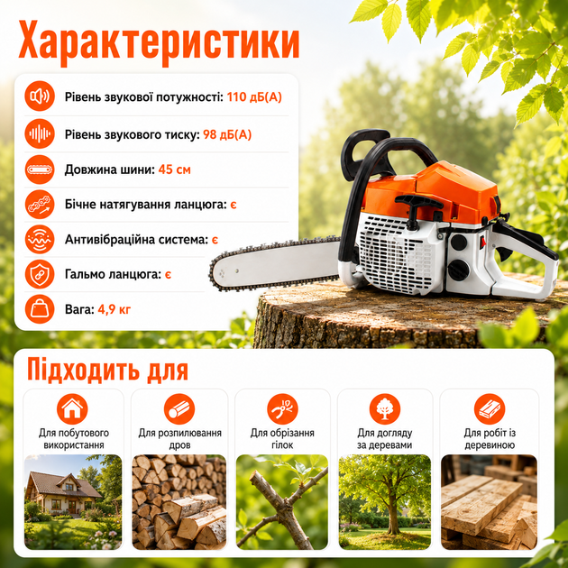 Бензопила MS 290 2,8 кВт з шиною 45 см, двигуном 52 см³, кроком ланцюга 0.325", антивібраційною системою, боковим натягуванням і гальмом ланцюга - зображення 4