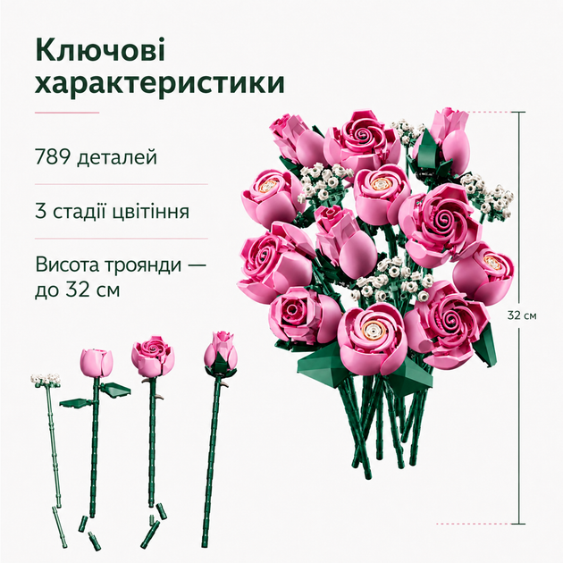 Конструктор Букет розовых роз, 789 деталей, Botanicals 10374 - Фото 6 Конструктор Букет розовых роз, 789 деталей, Botanicals 10374 - изображение 6