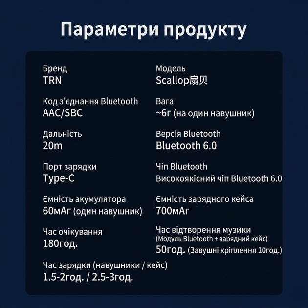 Блютуз модуль для навушників TRN Scallop Bluetooth 6.0 модуль для навушників з підтримкою AAC/SBC, S-pin/0.78/MMCX - изображение 9