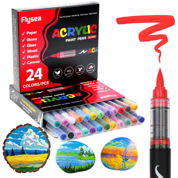 Набір акрилових маркерів FlySea Soft Brush 1-3 мм 24 кольори (FS49024) - Фото 3 Набір акрилових маркерів FlySea Soft Brush 1-3 мм 24 кольори (FS49024) - зображення 3