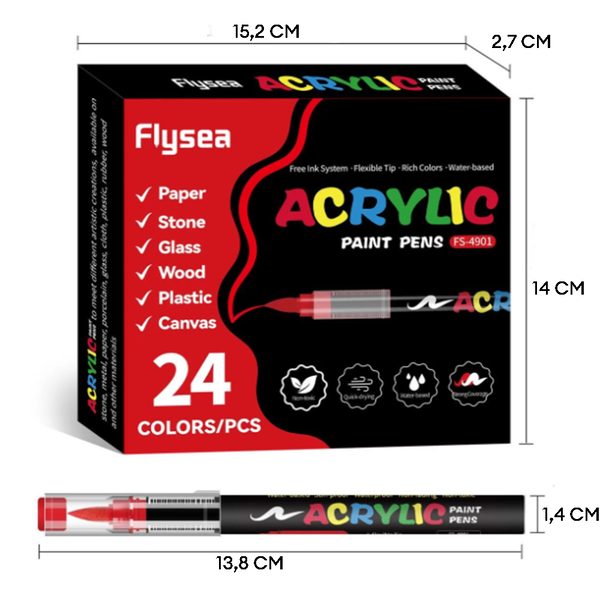 Набір акрилових маркерів FlySea Soft Brush 1-3 мм 24 кольори (FS49024) - Фото 5 Набір акрилових маркерів FlySea Soft Brush 1-3 мм 24 кольори (FS49024) - зображення 5