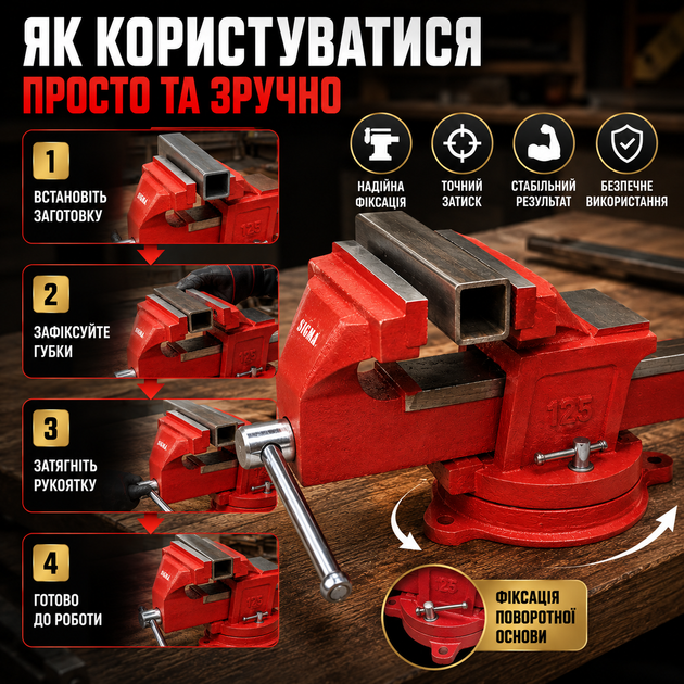 Тиски поворотные 125 мм Sigma с рельефными губками и наковальней для столярных работ и зажима деталей, окрашенная поверхность для защиты от коррозии SK_4221251А12 - изображение 3