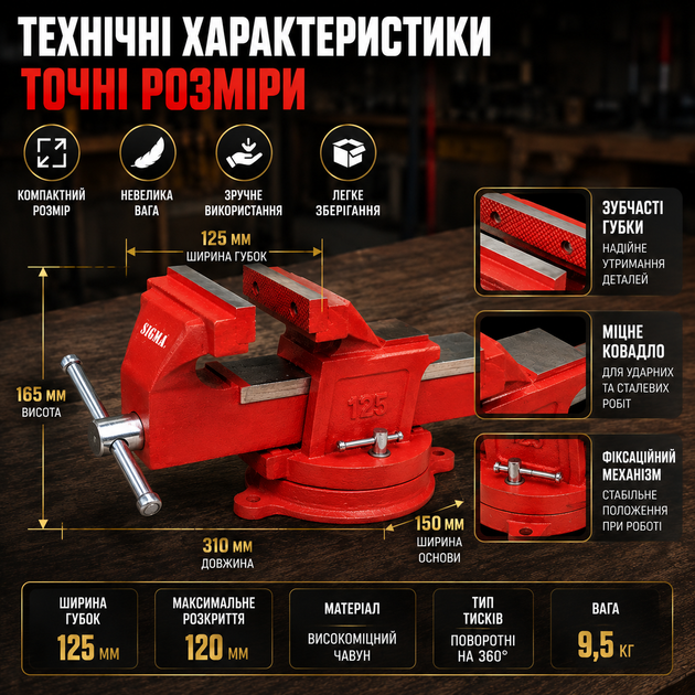 Тиски поворотные 125 мм Sigma с рельефными губками и наковальней для столярных работ и зажима деталей, окрашенная поверхность для защиты от коррозии SK_4221251А12 - изображение 5