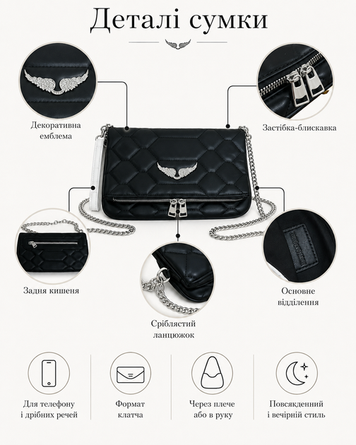 Сумка клатч Zadig & Voltaire Quilted чорна — жіноча стьобана через плече з двома ремінцями та пильником - зображення 2