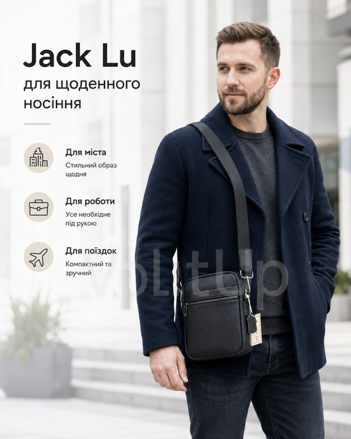 Чоловіча сумка Jack Lu чорна через плече з натуральної шкіри — компактна шкіряна кросбоді з кишенями на блискавці 22×18 см - зображення 3