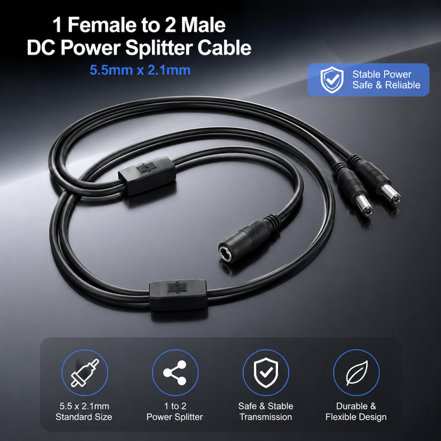 Кабель живлення DC 1 Female to 2 Male 5.5 mmx2.1mm довжина 1 м колір чорний - зображення 6