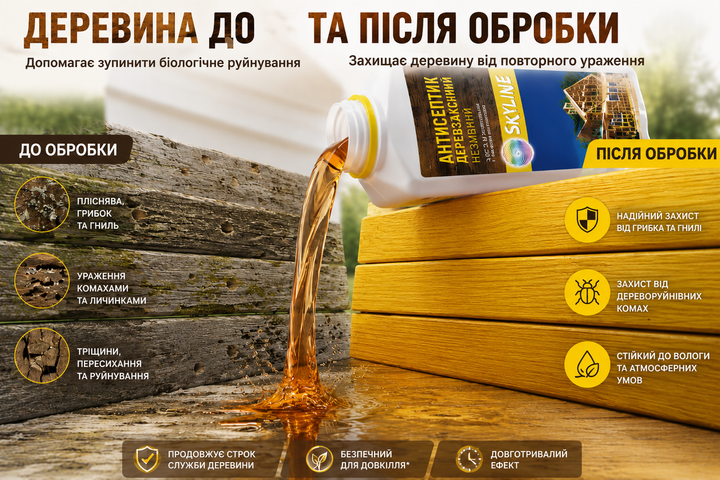 Антисептик просочувальний для обробки деревини незмивний SkyLine 1л - зображення 6