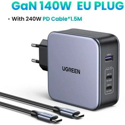 Зарядний пристрій Ugreen 3xUSB 140W (2хUSB-C+USB-A) Gan CD289 with C to C Cable 1.5m (90549) - Фото 3 Зарядний пристрій Ugreen 3xUSB 140W (2хUSB-C+USB-A) Gan CD289 with C to C Cable 1.5m (90549) - зображення 3