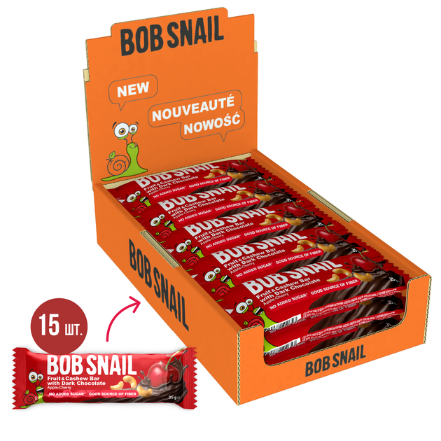 Упаковка фруктово-ягодно-ореховых батончиков Bob Snail Яблоко-Вишня-Кешью-Криспи Киноа с черным шоколадом 35 г х 15 шт (4820287102657) - Фото 2 Упаковка фруктово-ягодно-ореховых батончиков Bob Snail Яблоко-Вишня-Кешью-Криспи Киноа с черным шоколадом 35 г х 15 шт (4820287102657) - изображение 2