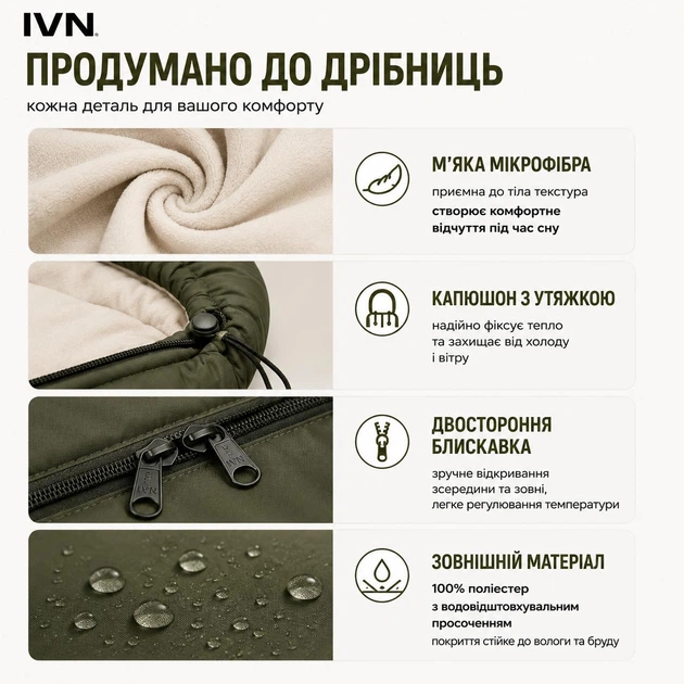 Спальный мешок-одеяло IVN с капюшоном 220×75 см, микрофибра, 200 г/м², олива NE-S-1278 - Фото 3 Спальный мешок-одеяло IVN с капюшоном 220×75 см, микрофибра, 200 г/м², олива NE-S-1278 - изображение 3