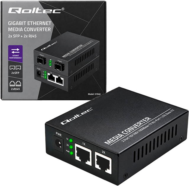 Комутатор Qoltec Media Konwerter switch Ethernet 2x RJ45 2x SFP 1000Mb/s (5901878519463) - Фото 1 Комутатор Qoltec Media Konwerter switch Ethernet 2x RJ45 2x SFP 1000Mb/s (5901878519463) - зображення 1
