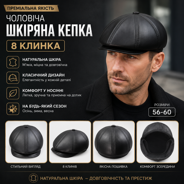 Чоловіча шкіряна кепка 8 клинка з натуральної шкіри барана з вушками та флісовою підкладкою, чорна 56-60 - зображення 2
