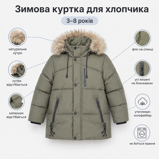 Куртка зимняя BKX для мальчика с натуральным мехом,Оливковый хаки, 122 - Фото 5 Куртка зимняя BKX для мальчика с натуральным мехом,Оливковый хаки, 122 - изображение 5
