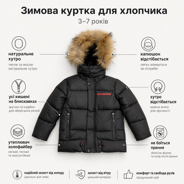 Куртка зимова BKX для хлопчика з натуральним хутром, Чорний, 98 - Фото 5 Куртка зимова BKX для хлопчика з натуральним хутром, Чорний, 98 - зображення 5
