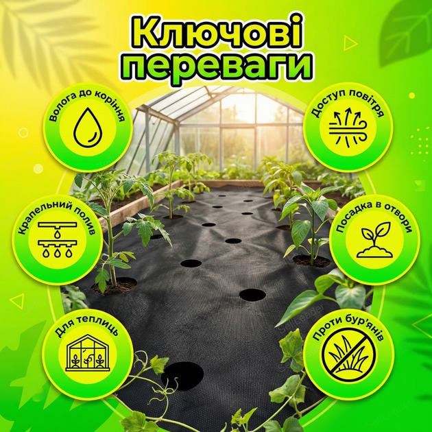 Агроволокно 1.07х10м 90г/м² для клубники овощей томатів спанбонд УФ стабилизация перфорированное плотное чёрное - Фото 2 Агроволокно 1.07х10м 90г/м² для клубники овощей томатів спанбонд УФ стабилизация перфорированное плотное чёрное - изображение 2