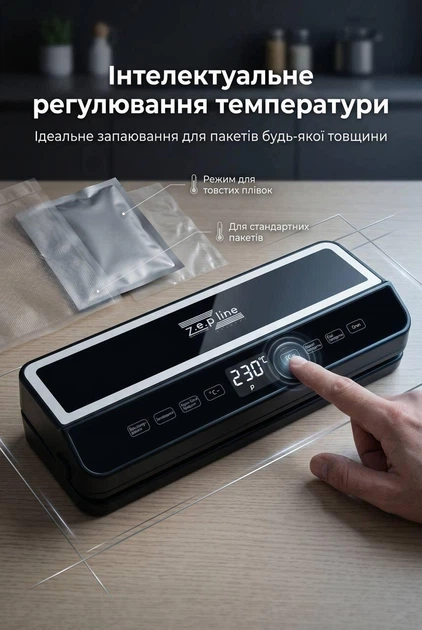 Вакуумний пакувальник Zepline ZP-00374 200 Вт вакууматор для продуктів з LED підсвіткою запайник пакетів + 20 пакетів(17-Vol) - изображение 9