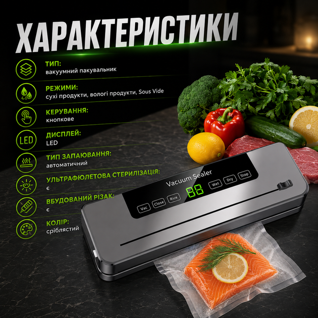 Вакуумный упаковщик для сухих и влажных продуктов с УФ-стерилизацией и резаком Автоматический вакууматор Кухонный запайщик Упаковочная машина Sous Vide - изображение 2