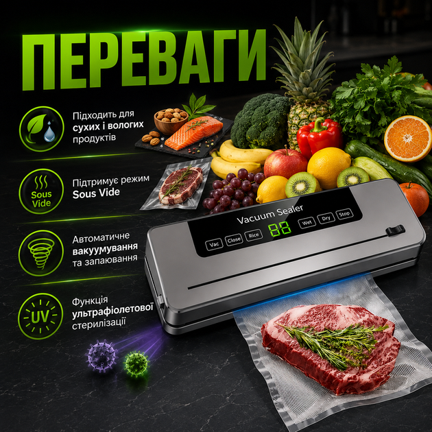 Вакуумный упаковщик для сухих и влажных продуктов с УФ-стерилизацией и резаком Автоматический вакууматор Кухонный запайщик Упаковочная машина Sous Vide - изображение 3