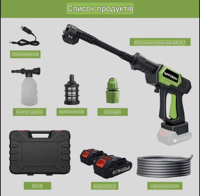 Акумуляторна мийка високого тиску Hippcron 21V, 2 акумулятори, портативна мінімийка для авто та дому - Фото 6 Акумуляторна мийка високого тиску Hippcron 21V, 2 акумулятори, портативна мінімийка для авто та дому - изображение 6