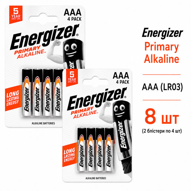 Батарейки Energizer AAA (LR03) Primary Alkaline 1.5V, набір 8 шт. – лужні елементи живлення - Фото 1 Батарейки Energizer AAA (LR03) Primary Alkaline 1.5V, набір 8 шт. – лужні елементи живлення - зображення 1