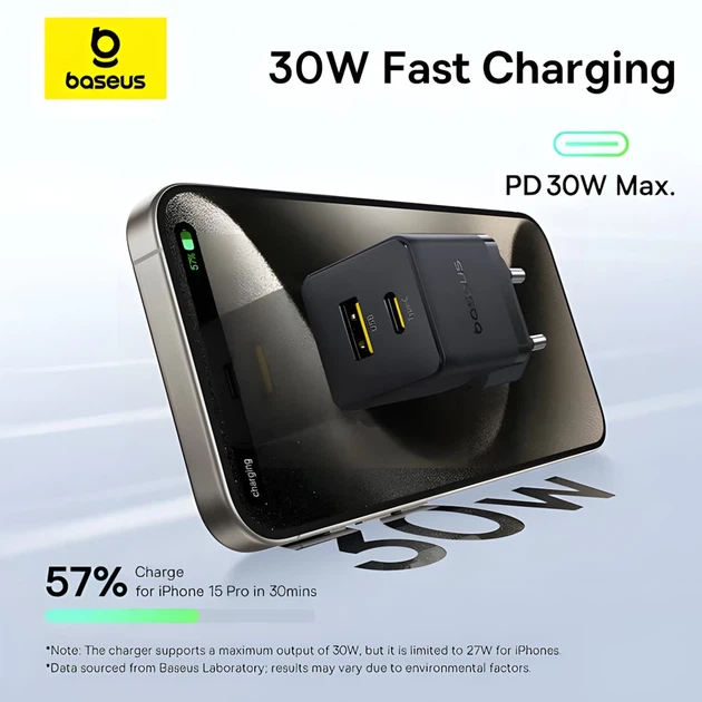 Сетевое зарядное устройство Baseus Palm PD/QC 30W USB-C | USB-A with USB-C to USB-C Cable 1 m Black (P1011160A113-01) - изображение 6
