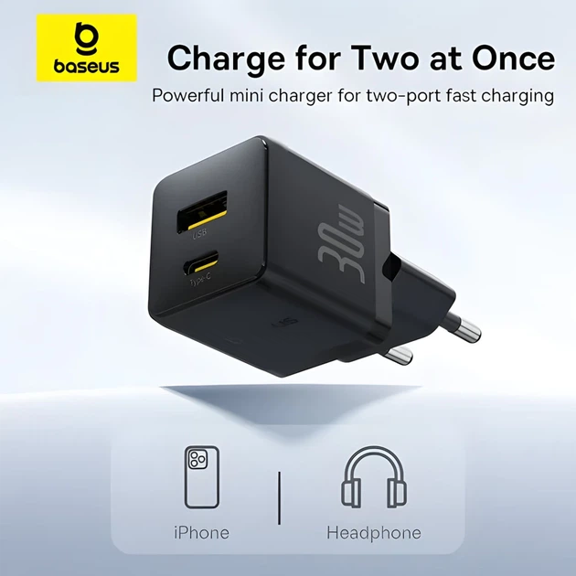 Сетевое зарядное устройство Baseus Palm PD/QC 30W USB-C | USB-A with USB-C to USB-C Cable 1 m Black (P1011160A113-01) - изображение 11