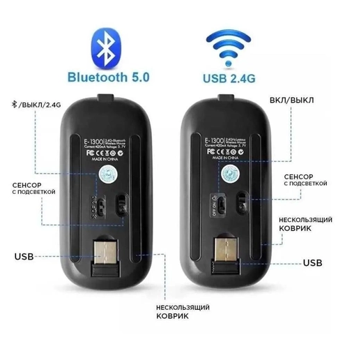 Беспроводная бесшумная аккумуляторная мышка с RGB подсветкой 1600DP Bluetooth 5.2 + 2.4 GHz тихая для ноутбуков пк планшетов плоская Slim - изображение 13
