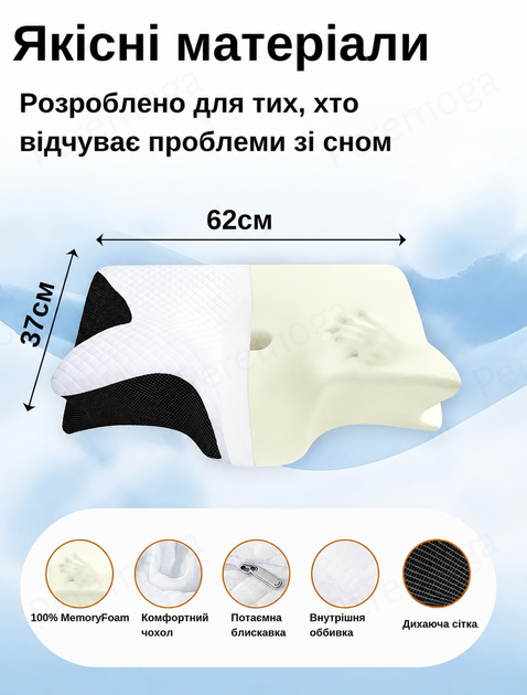 Ортопедическая подушка с эффектом памяти для шеи и плеч 62×37-8-12 см,бабочка,Memory Foam 1300 гр KT7006278 - Фото 2 Ортопедическая подушка с эффектом памяти для шеи и плеч 62×37-8-12 см,бабочка,Memory Foam 1300 гр KT7006278 - изображение 2