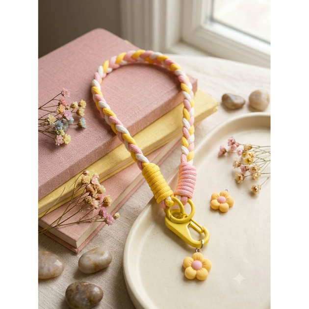 Брелок для телефона Braid Flower желтый и белый - Фото 1 Брелок для телефона Braid Flower желтый и белый - изображение 1