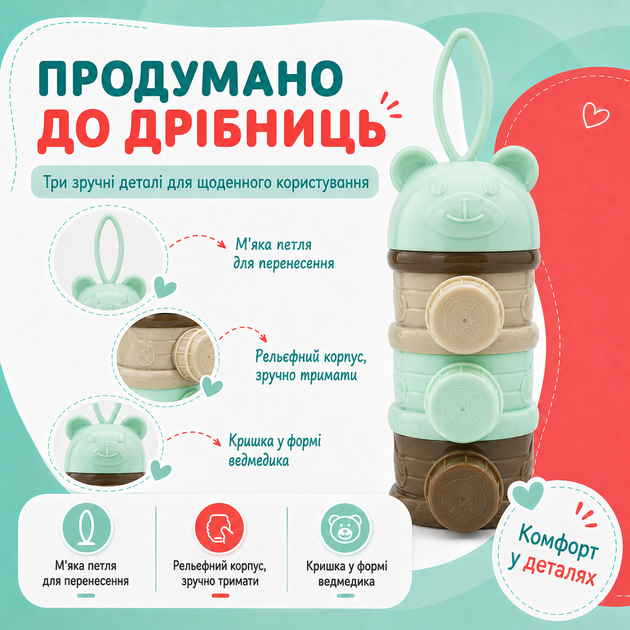 Контейнер дозатор для детской смеси на 3 секции, портативный органайзер для сухого молока и каш - изображение 8