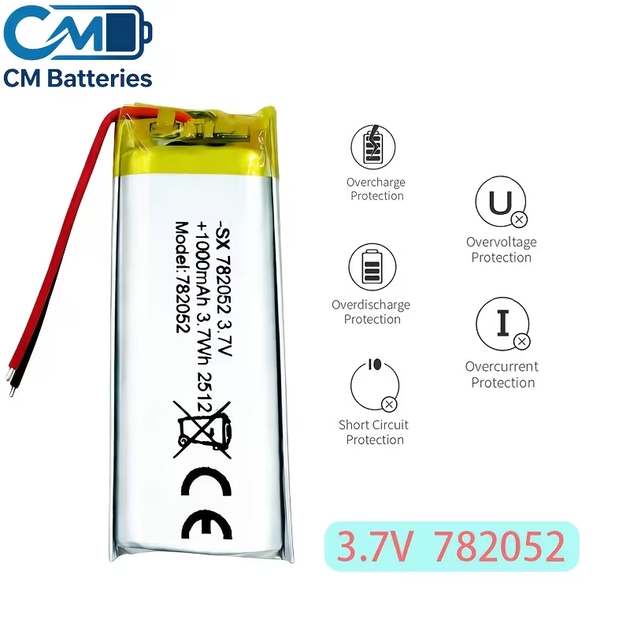 Літій-полімерний акумулятор Li-Po CM 782052 3.7V 1000 mAh із платою захисту PCB — Виводи під пайку (24AWG) - Фото 1 Літій-полімерний акумулятор Li-Po CM 782052 3.7V 1000 mAh із платою захисту PCB — Виводи під пайку (24AWG) - зображення 1