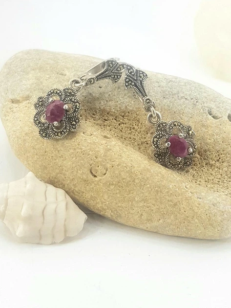 Серьги из серебра с рубіном и капельным серебром (103767/35) - изображение 4