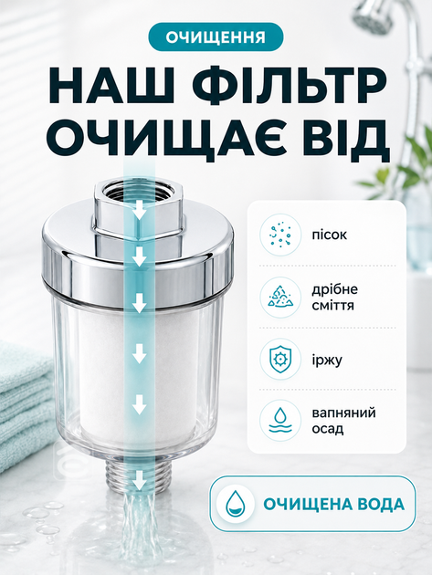 Фільтр для води проточний на душову лійку грубого очищення для ванної + 10 картриджів (FILTR-10) - Фото 2 Фільтр для води проточний на душову лійку грубого очищення для ванної + 10 картриджів (FILTR-10) - зображення 2
