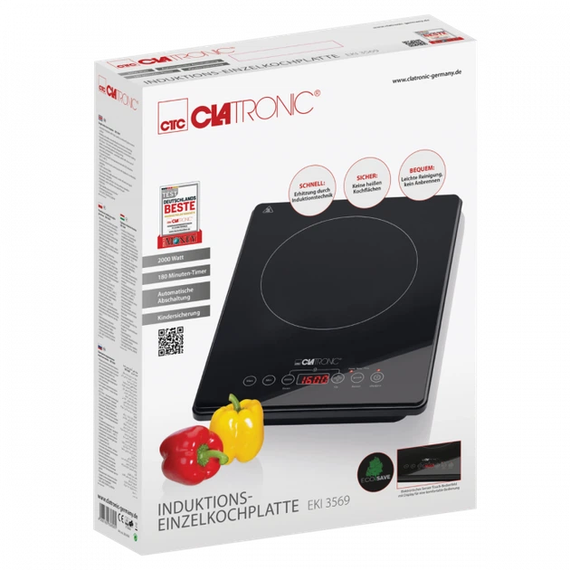 Индукционная плита Clatronic EKI 3569 2000 Вт, 1 конфорка, сенсорное управление, таймер, регулировка температуры, черная - изображение 6