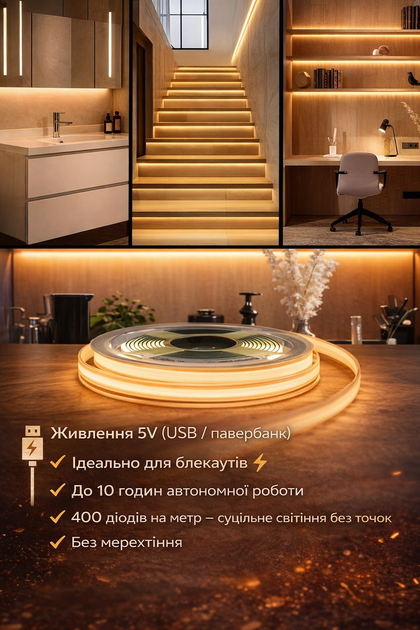 USB LED стрічка HeartPower LightLine 2.5 м з вимикачем | Працює від павербанка | Світло при відключенні - зображення 2