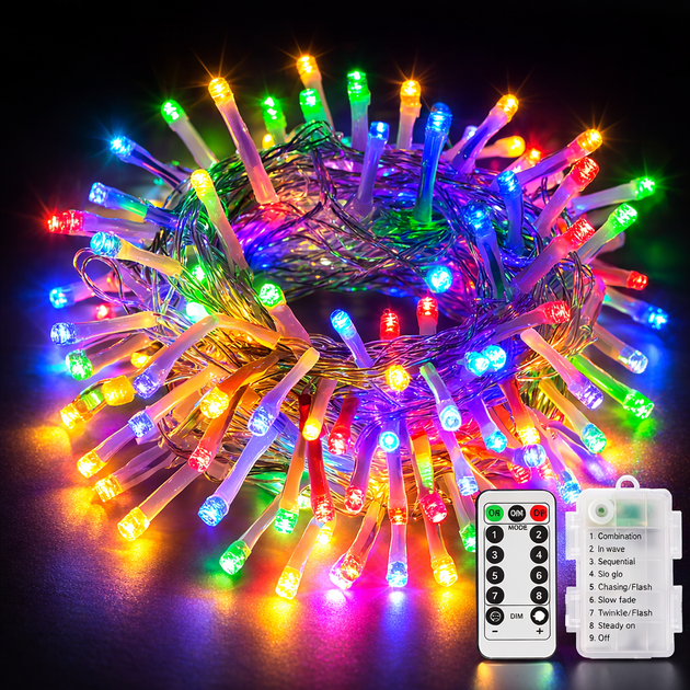 Гирлянда «Роса» JXLEDAYY 10 м 100 LED RGB на батарейках с пультом ДУ, таймером, 8 режимами для дома и улицы - Фото 2 Гирлянда «Роса» JXLEDAYY 10 м 100 LED RGB на батарейках с пультом ДУ, таймером, 8 режимами для дома и улицы - изображение 2