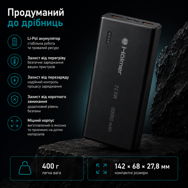 УМБ Holmer NRG-01 Rabbit 20000 mAh 22.5W Black - Фото 8 УМБ Holmer NRG-01 Rabbit 20000 mAh 22.5W Black - зображення 8