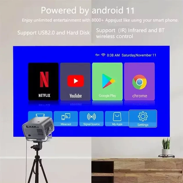 Портативний мультимедійний проєктор 4K Android A10 з Wi-Fi 2.4/5 ГГц, Bluetooth 5.2, автофокусом і автокоригцією трапеції - зображення 4