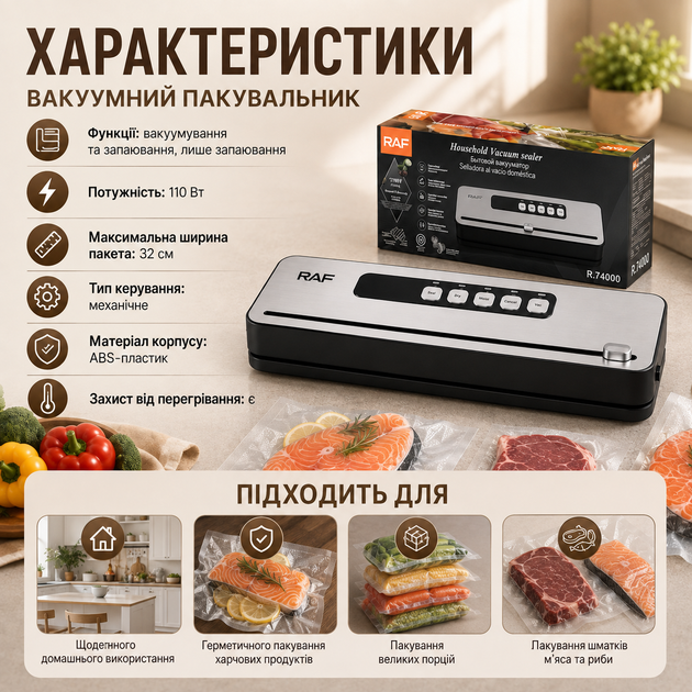Вакуумный упаковщик RAF R.74000 110 Вт черный Бытовой вакууматор для еды Электрическая машинка для запайки пакетов Кухонное устройство для хранения продуктов - изображение 4