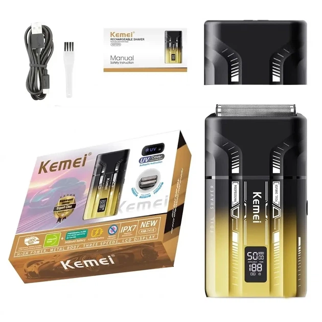 Электробритва Kemei KM-T418 шейвер для мужчин с UV-дезинфекцией 10000 об/мин металлический корпус 1400 мАч USB-C Черно-желтая - изображение 9