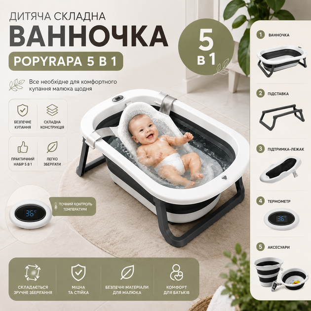 Дитячий набір для купання PopyPapa Baby 5-в-1, складна ванночка зі стійкою, лежаком, термометром та ковшиком - Фото 1 Дитячий набір для купання PopyPapa Baby 5-в-1, складна ванночка зі стійкою, лежаком, термометром та ковшиком - зображення 1