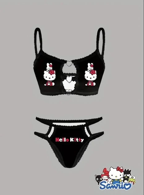 Комплект жіночої білизни Хелоу Кіті Топ і трусики Hello Kitty Lingerie Set Аніме Санріо Y2K тренд (чорний) M - зображення 4